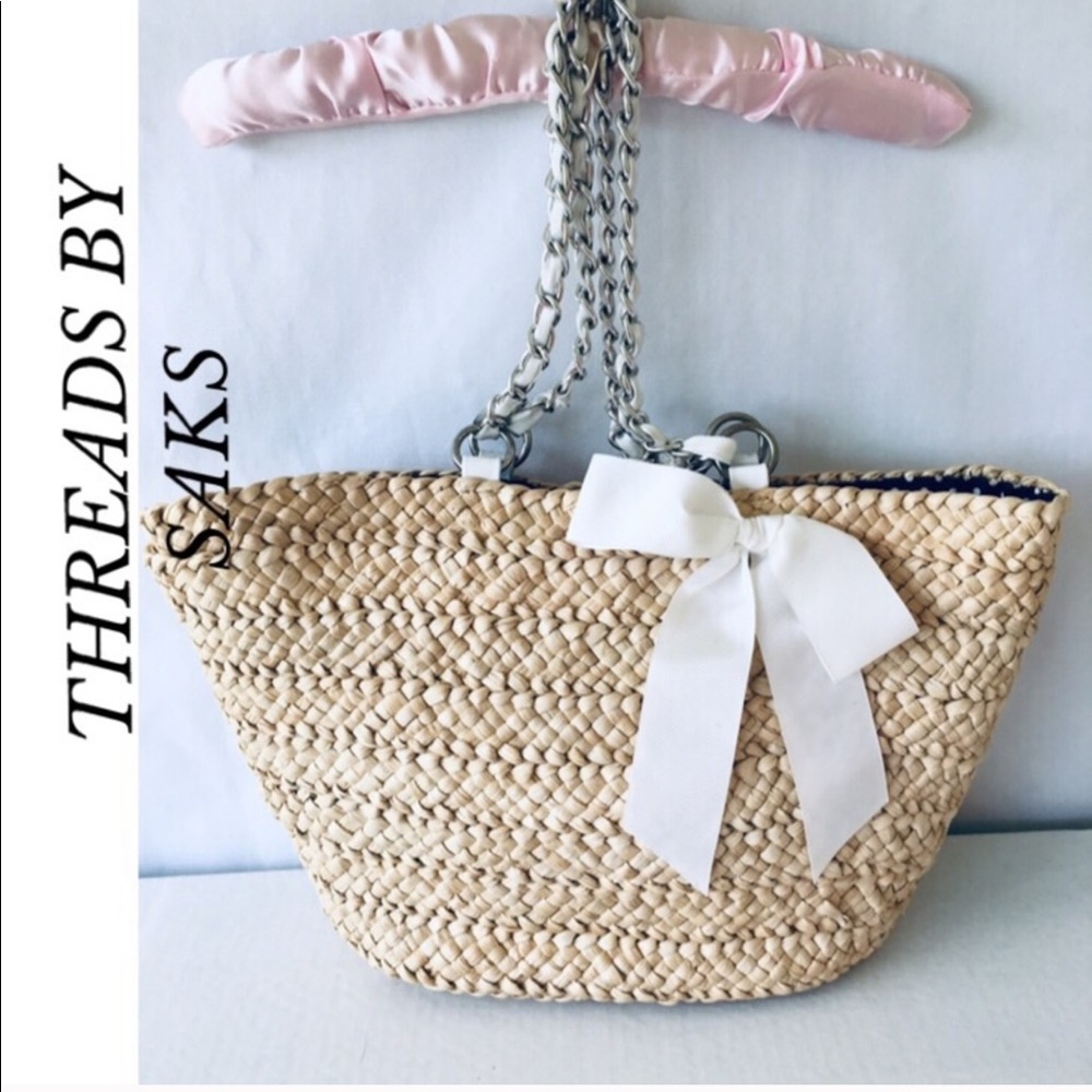 SAKS FIFTH AVE Natural straw long chain straps bag